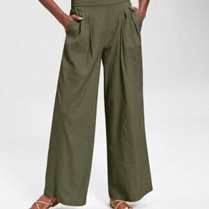 INC International Concept High Rise Pleated Wide Leg Pants Olive Green Sz 14